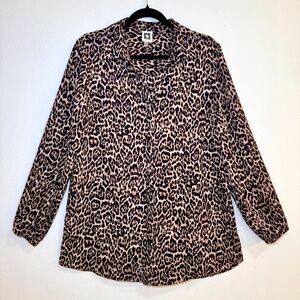 Anne Klein Womens M Leopard Print Blouse Long Sleeve Collared V Neck Brown Black